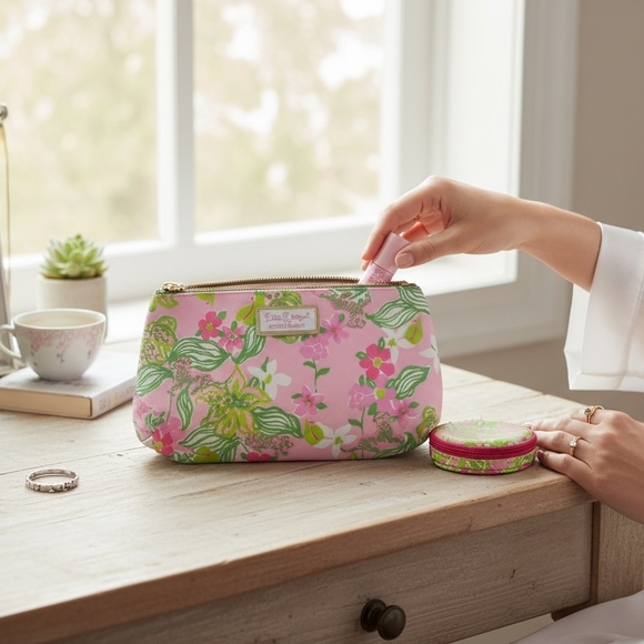 Lilly Pulitzer Handbags - Lilly Pulitzer Pink and Green Floral Cosmetic Bag And Coin Case